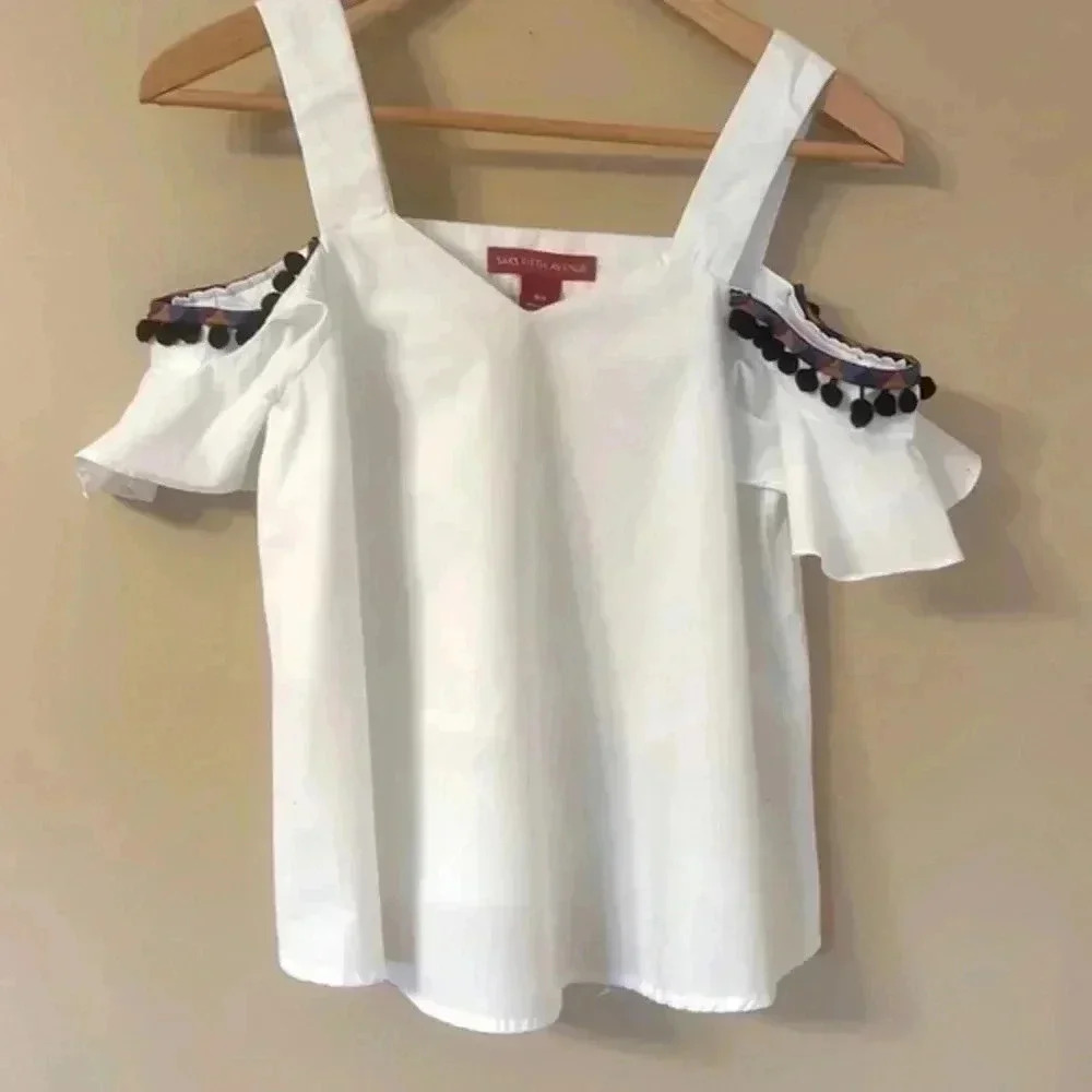 Saks Fifth Avenue off shoulder top with cute Pom Pom detail